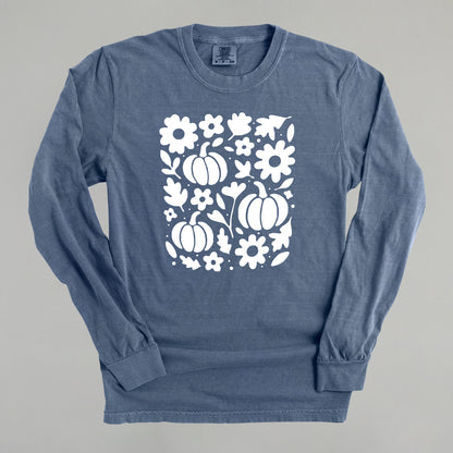 White Pumpkins, Leaves And Flowers