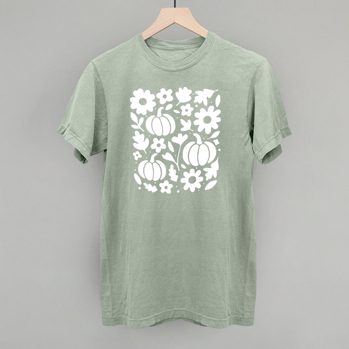 White Pumpkins, Leaves And Flowers