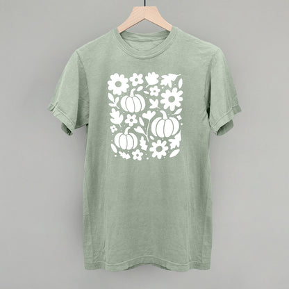 White Pumpkins, Leaves And Flowers