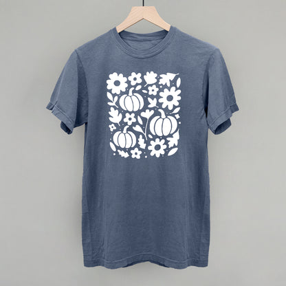 White Pumpkins, Leaves And Flowers