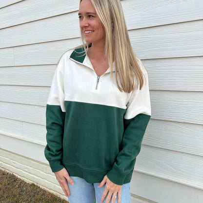 Hunter Green/Cloud Dancer Colorblock Quarter Zip Pullover