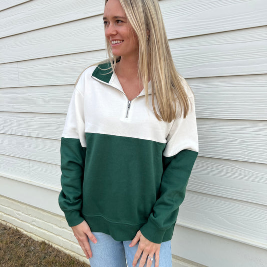 Hunter Green/Cloud Dancer Colorblock Quarter Zip Pullover