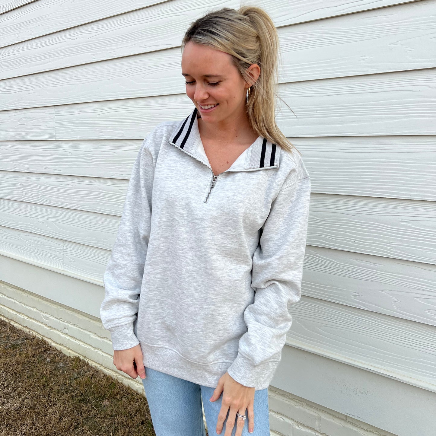 Heather Grey/Black Stripe Quarter Zip Pullover