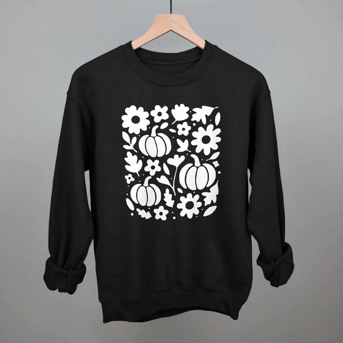 White Pumpkins, Leaves And Flowers