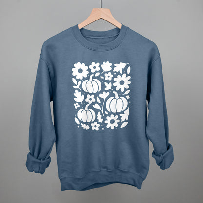 White Pumpkins, Leaves And Flowers