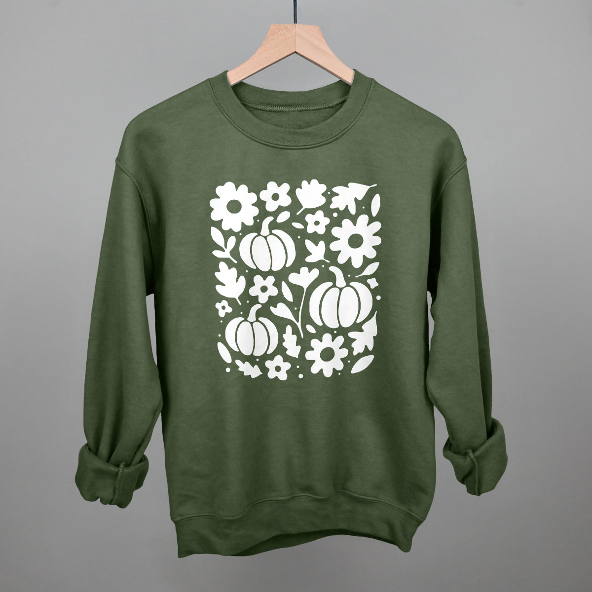 White Pumpkins, Leaves And Flowers