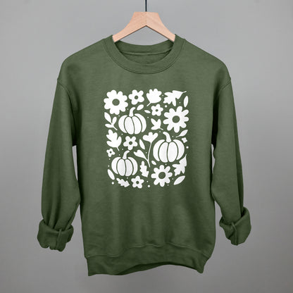 White Pumpkins, Leaves And Flowers