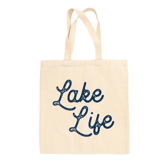 Lake Life Distressed Script Tote Bag