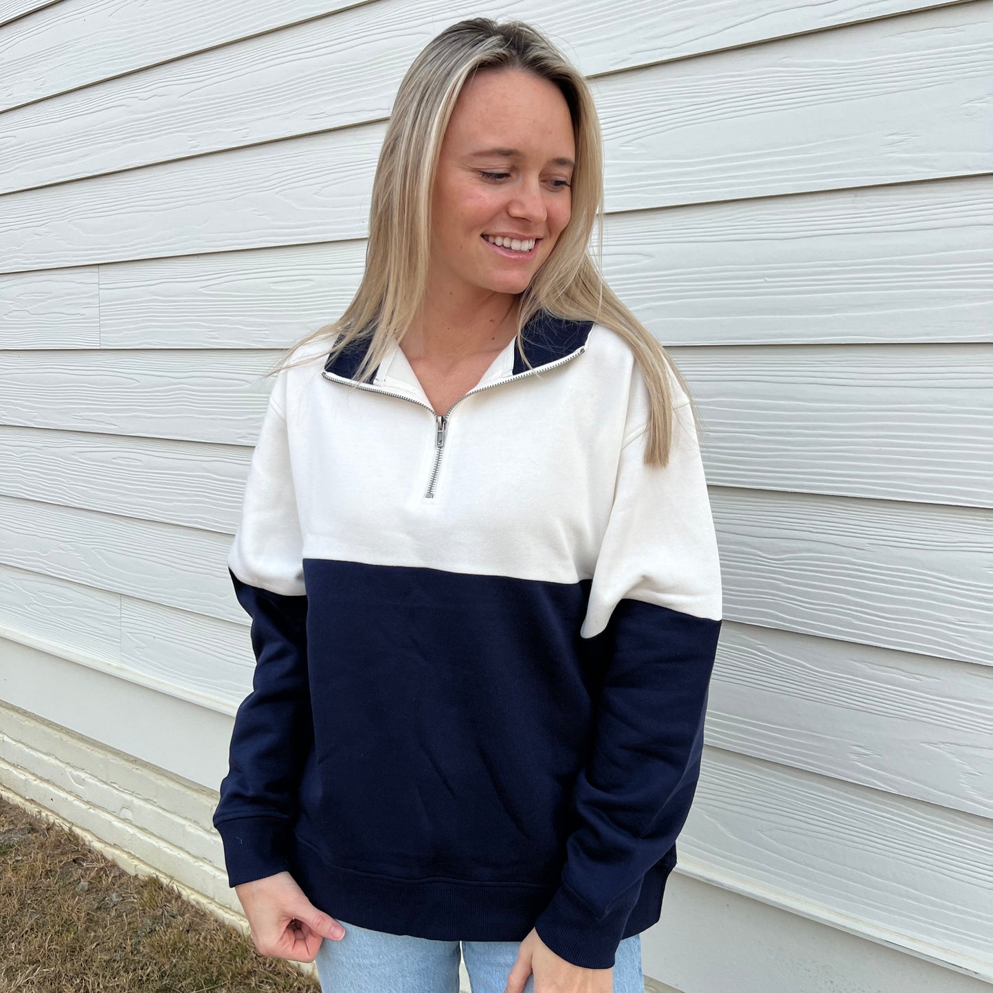 Navy/Cloud Dancer Colorblock Quarter Zip Pullover