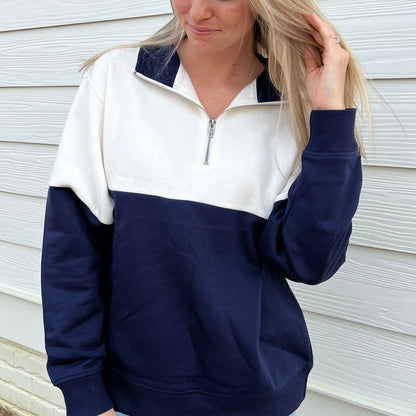 Navy/Cloud Dancer Colorblock Quarter Zip Pullover