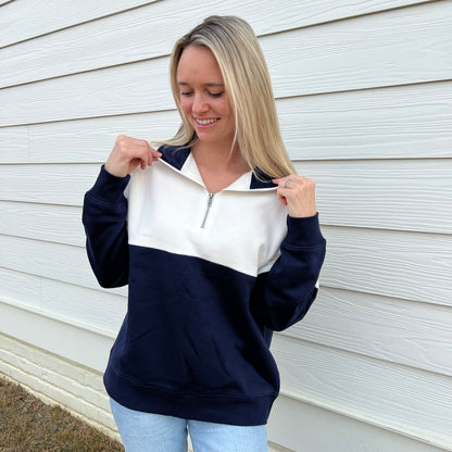 Navy/Cloud Dancer Colorblock Quarter Zip Pullover